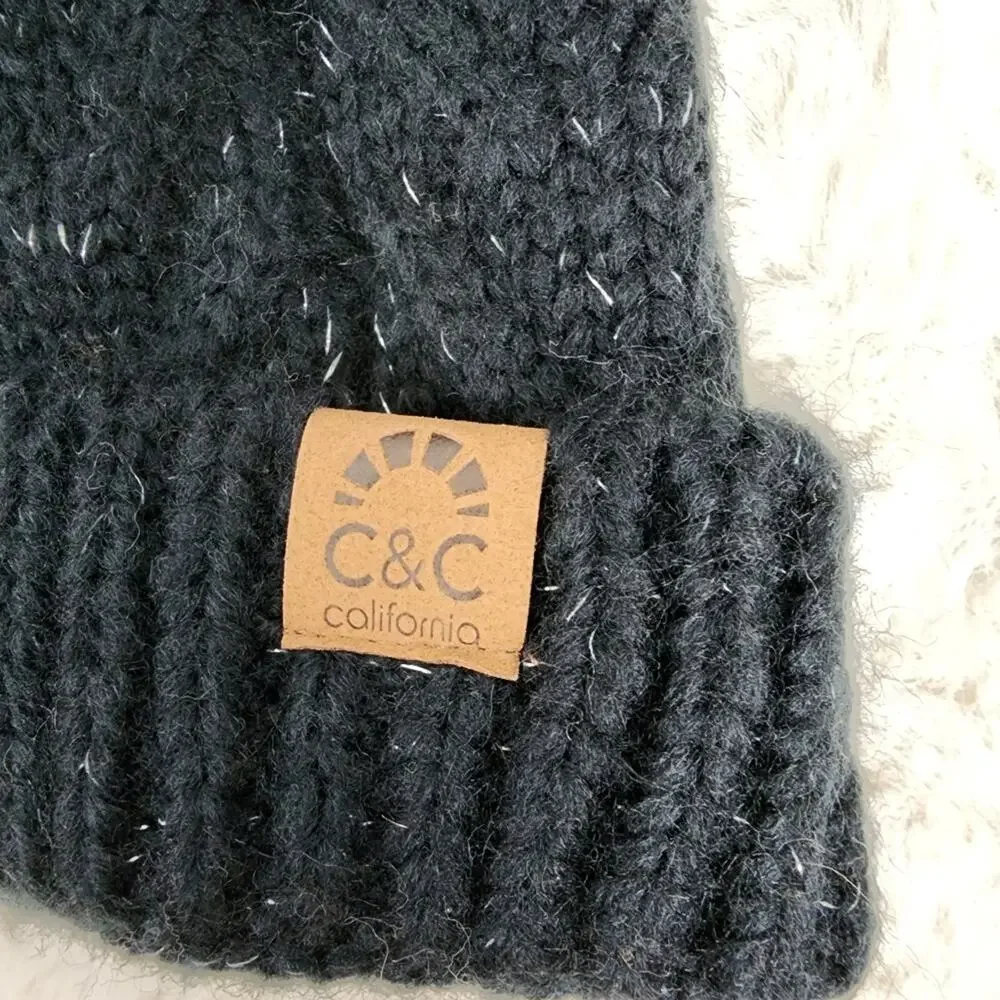 C&C California Black Silver Confetti Cable Knit Beanie Hat & Touch Gloves Set